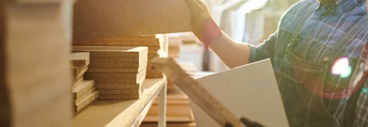 Zwei Personen begutachten Holzplatten im Lager.